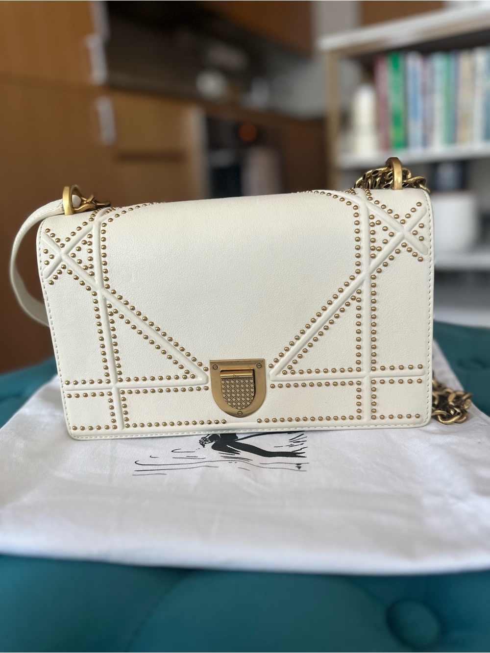 White Off Cream Studded Real Leather Shoulder Bag